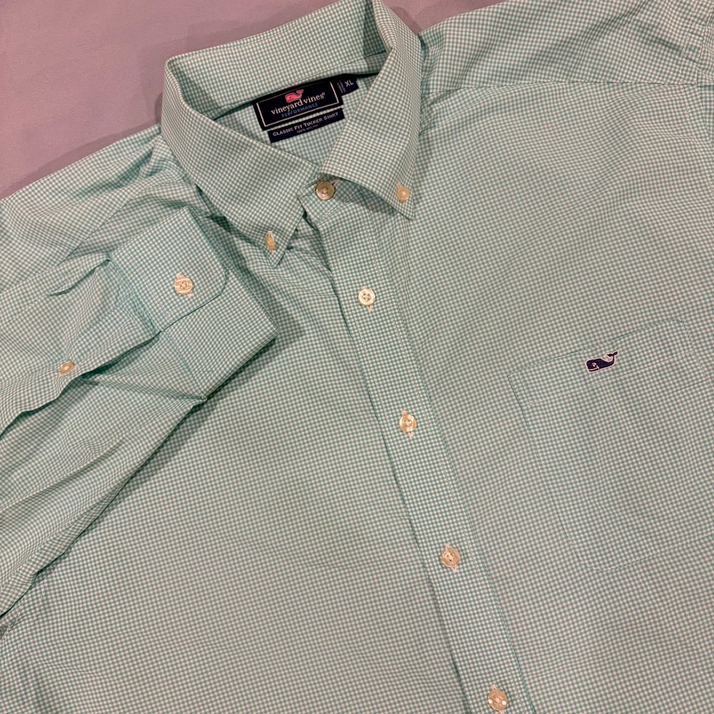 Vineyard Vines Performance Classic Fit Tucker Shirt Mens XL Green Gingham Nylon